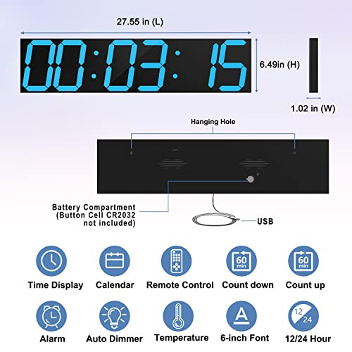 CHKOSDA Digital Wall Clock, Oversize Led Digital Clock with Auto Dimmer, Huge Countdown Timer with Remote Control, 27" Wide Led Display, 6 Digits, 1