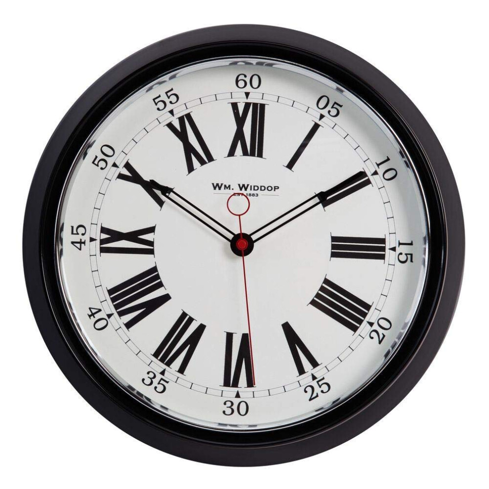 Wm. Widdop Round Metal Case Wall Clock Black & Chrome Roman Dial 30cm