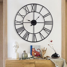 YORKING Vintage Large Wall Clock 60CM Vintage Black Round Metal Silent Non ticking Battery Operated Clock Skeleton Roman Numerals Hanging Clock for