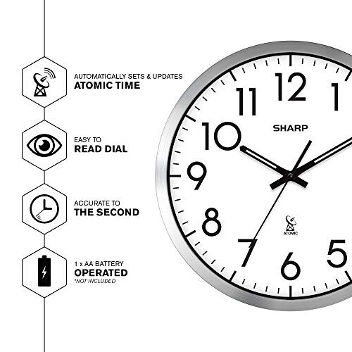 Sharp SHARP Atomic Analog Wall Clock - 12" Silver Brushed Finish Sets Automatically- Battery Operated Easy to Read Use: Simple, Style fits Any Decor 2