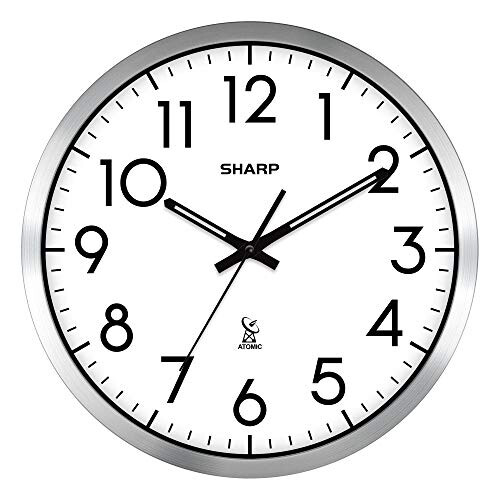 Sharp SHARP Atomic Analog Wall Clock - 12" Silver Brushed Finish Sets Automatically- Battery Operated Easy to Read Use: Simple, Style fits Any Decor