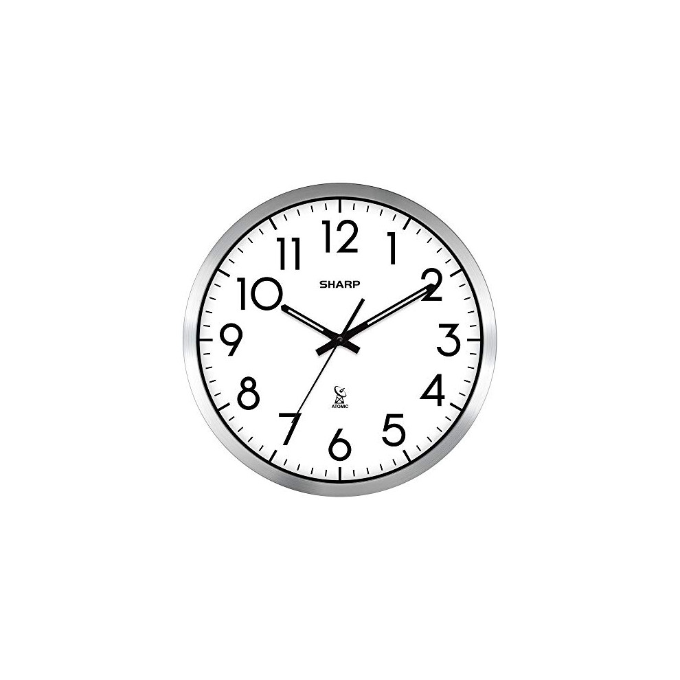 SHARP Atomic Analog Wall Clock - 12" Silver Brushed Finish Sets Automatically- Battery Operated Easy to Read Use: Simple, Style fits Any Decor