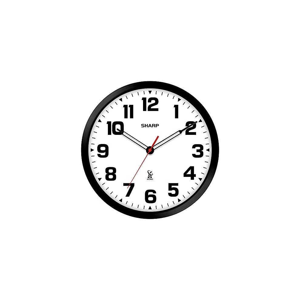 SHARP Atomic Analog Wall Clock - 12" Black Stylish Frame - Sets Automatically- Battery Operated - Easy to Read - Easy to Use ? Modern Design and Style