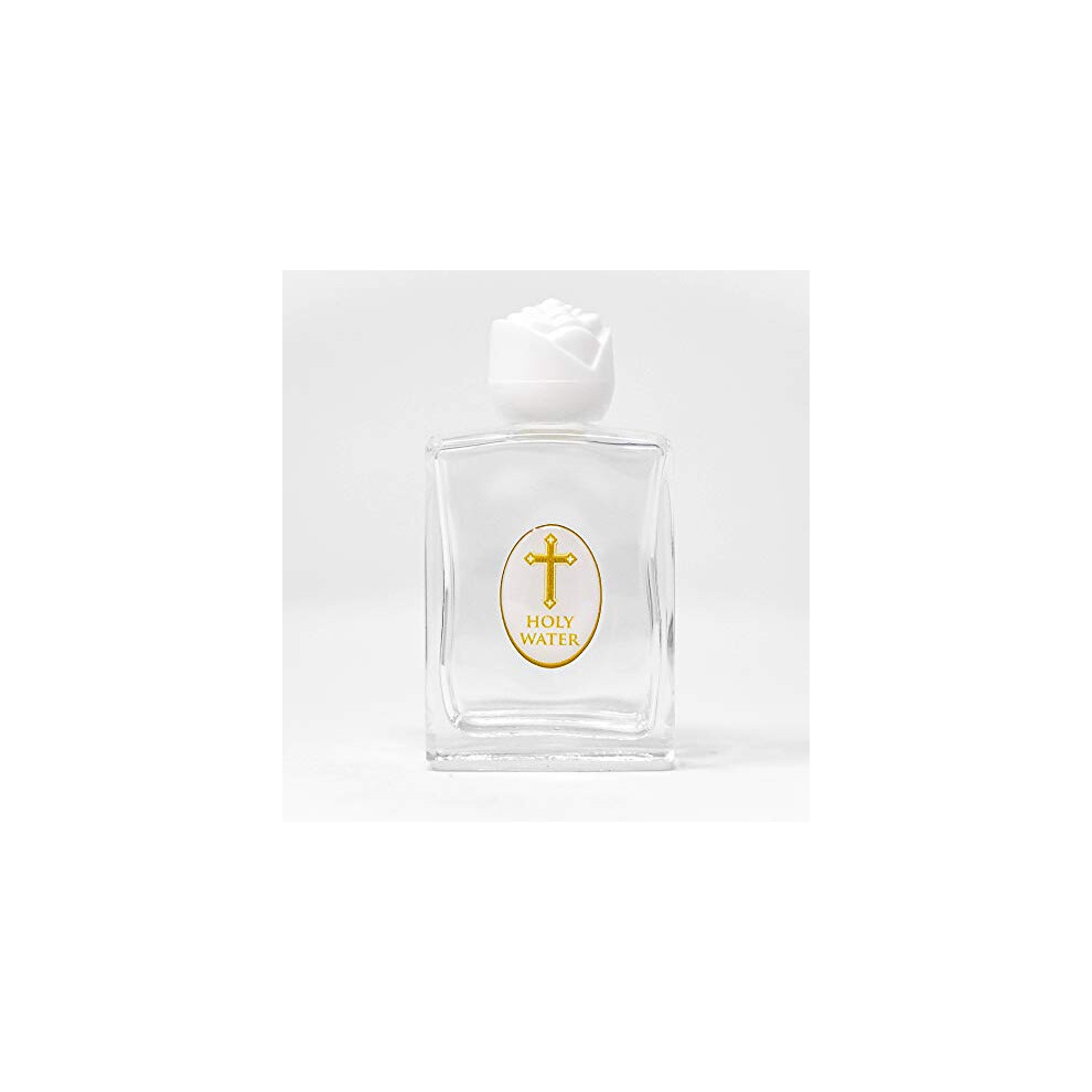 Lourdes Gifts - Glass Holy Water Bottle (white rose top) - Containing Lourdes Water + Lourdes Prayer Card