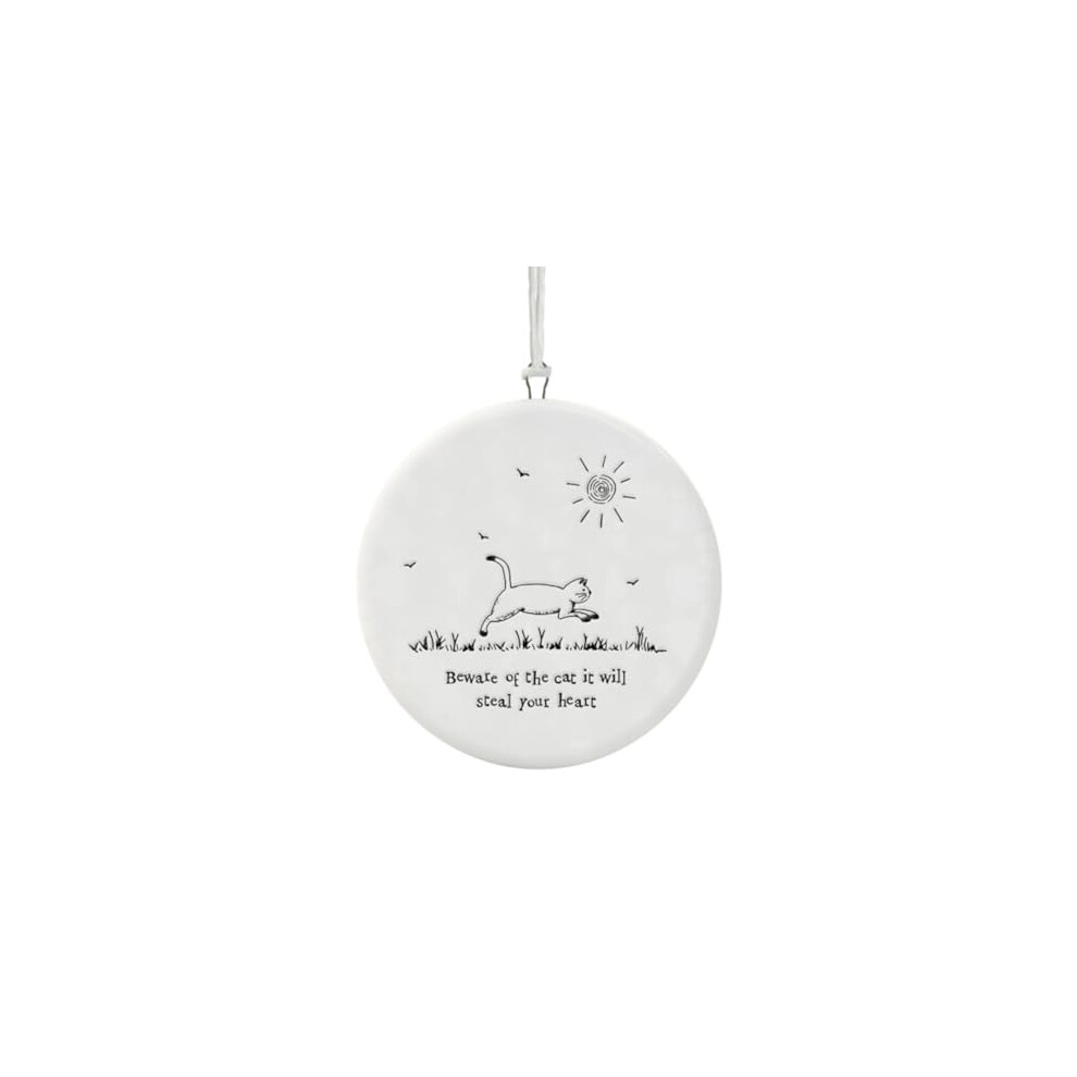 East of India Porcelain Cat Hanger - Beware of the Cat: Whimsical Hanging Ornament for Cat Lovers, Charming Home D?cor Accent with Playful Warning