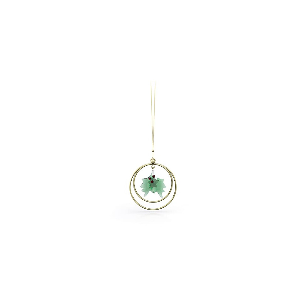 Swarovski Garden Tales Holly Leaves Ornament, Green and Red Crystals with Champagne Gold Tone Finish Metal on Gold Tone Ribbon, Part of the Garden