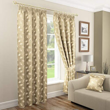 Mirabel Rowan Fully Lined Pencil Pleat Curtains Modern Plain with Woven Leaf Design,Tape Top Heading (GOLD, 46" X 54" (117 CM X 137 CM))