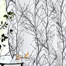 White Black Semi Sheer Curtains Eyelet for Kids Bedroom Tree Branch Printed Linen Textured Voile Curtain Panels for Living Room Privacy & Light