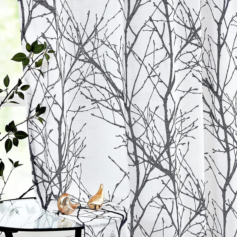 White Black Semi Sheer Curtains Eyelet for Kids Bedroom Tree Branch Printed Linen Textured Voile Curtain Panels for Living Room Privacy & Light