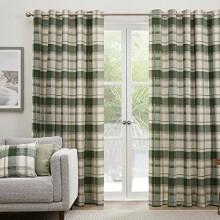 Fusion - Balmoral Check - Pair of Eyelet Curtains - 66" Width x 54" Drop (168 x 137cm) in Green, Bottle Green
