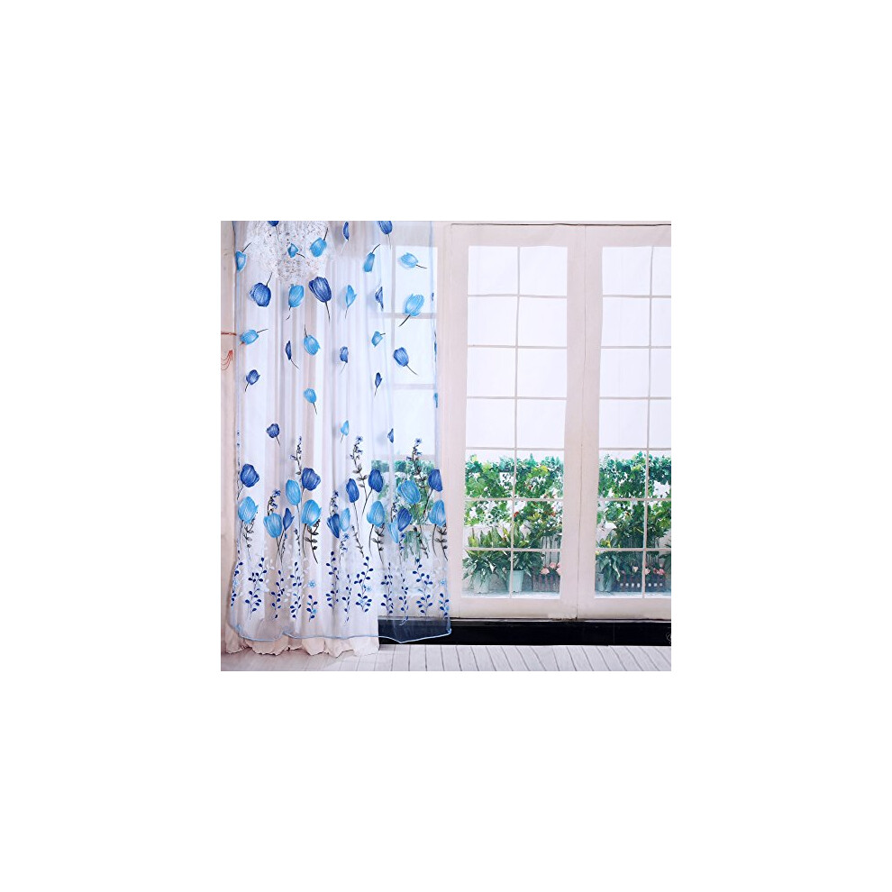 100x200 cm Colorful Tulips Printing Window Curtains Sheer Drape Tulle Draperies for Balcony Living Room Bedroom Kitchen Decorations(Blue)