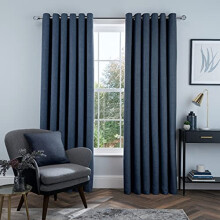 Sleepdown Linen Look Eyelet Blackout Lined Curtains Thermal Insulated for Bedroom and Living Room, Navy, 2 x 46" x 72"