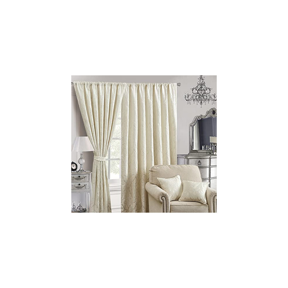 Textile Home New Jacquard Curtain Pair Fully Lined Pencil Pleat Curtain with Tiebacks (90x90, Cream)