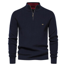 (Navy, XL) Men's Knitted Zipper Neck Sweater Autumn/winter Casual Solid Comfortable