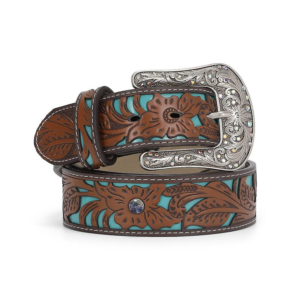 (120cm(47.3Inch)) Jasgood Western Belts For Women Cowboy Cowgirl Floral Engraved Leather Belt Strap Vintage Embossed Rhinestone Buckle