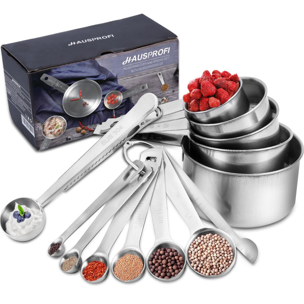 HAUSPROFI Measuring Cups and Spoons Set, 13 Pieces Premium Stainless Steel Measuring Spoons with Ruler Scoop/Clip for Baking, Liquid and Solid - Image 5