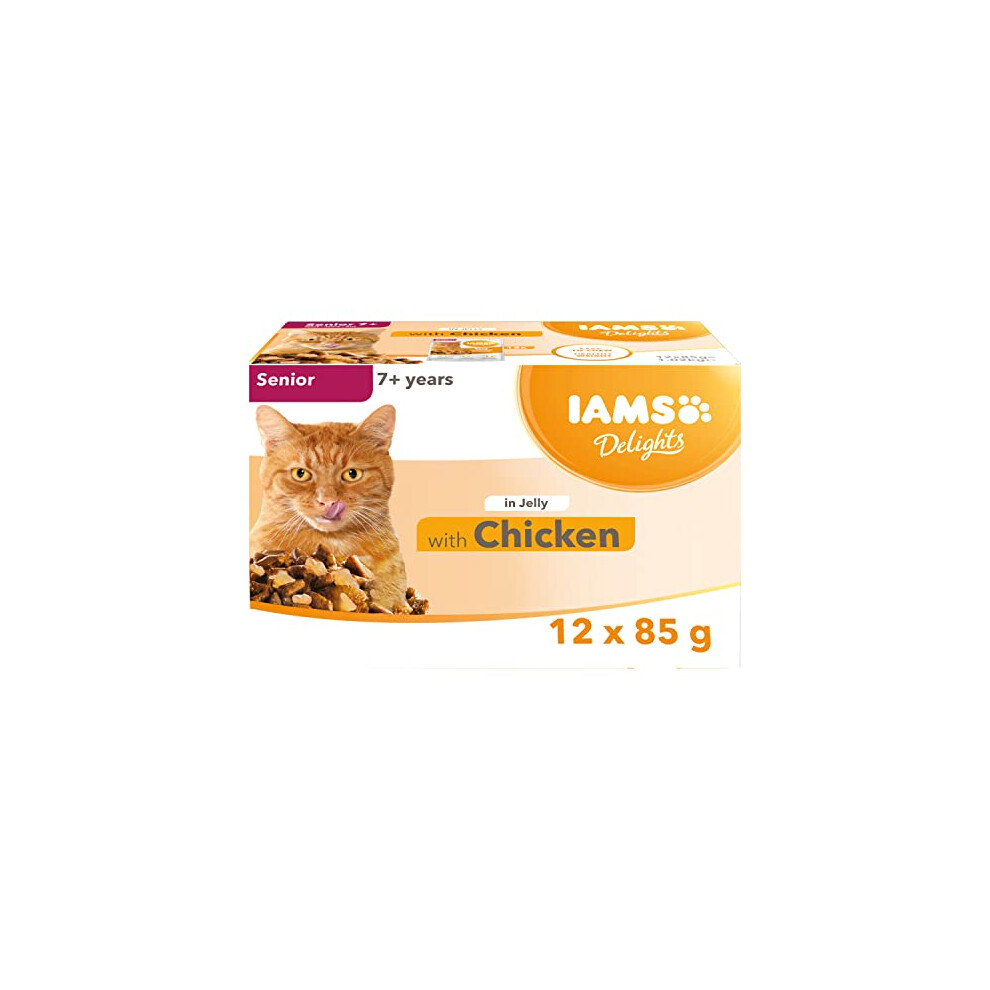 IAMS Delights Complete Wet Cat Food for Senior 7+ Cats Chicken in Jelly Multipack 12 x 85 g Pouches