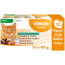 IAMS Delights Complete Wet Cat Food for Adult 1+ Cats Meat and Fish Variety in Gravy Multipack 72 x 85 g Pouches