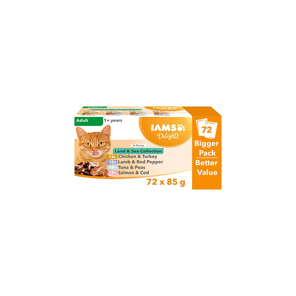 IAMS Delights Complete Wet Cat Food for Adult 1+ Cats Meat and Fish Variety in Gravy Multipack 72 x 85 g Pouches