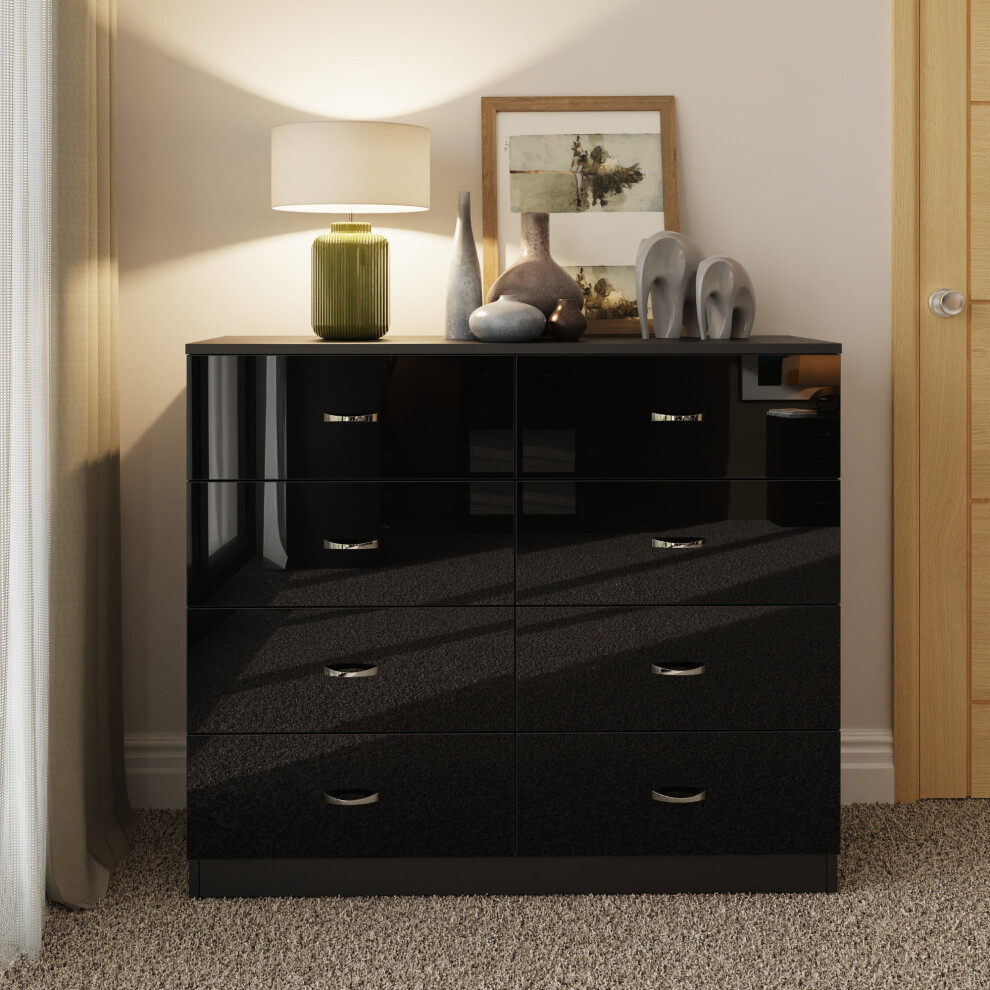 (Black) 8 Drawer Gloss Chest Of Drawers Storage Dresser