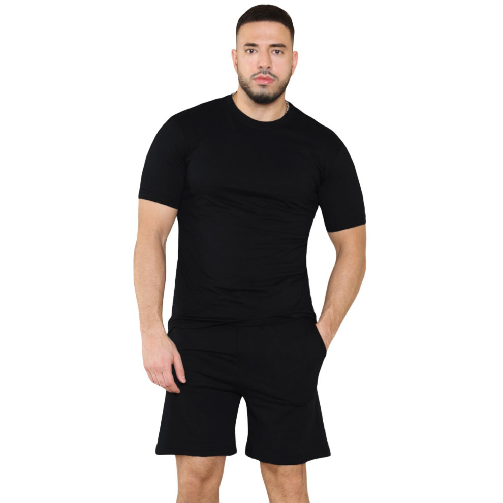 (Black, S) Mens T-Shirt Shorts Set Nightwear Sport Loungewear