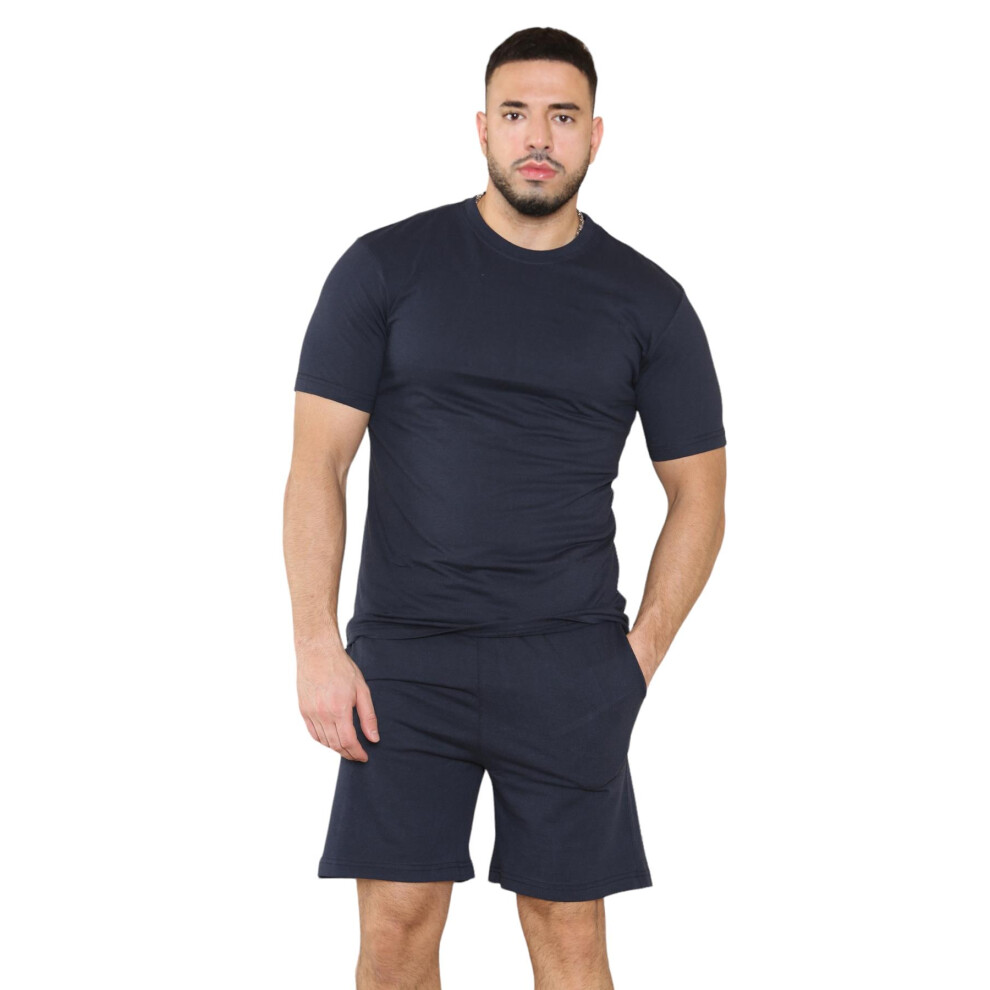 (Navy, S) Mens T-Shirt Shorts Set Nightwear Sport Loungewear