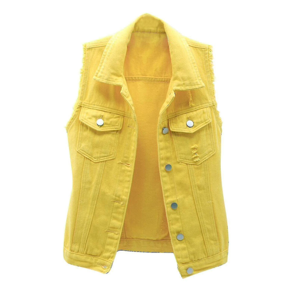 (Yellow, L) Women Spring And Autumn Coats Solid Sleeveless Denim Jacket Outerwear