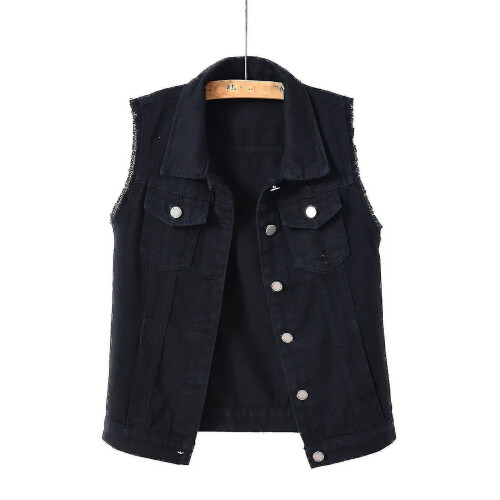 (Black, S) Women Spring And Autumn Coats Solid Sleeveless Denim Jacket Outerwear