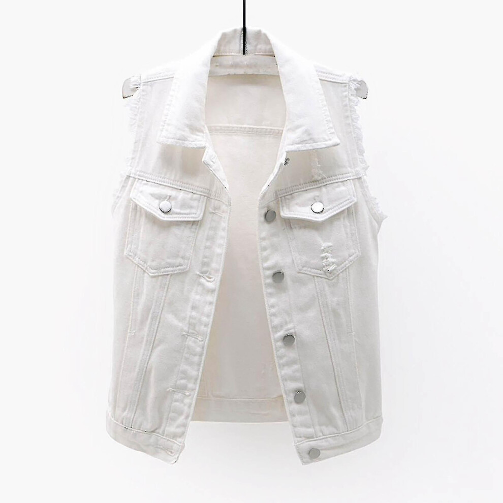 (White, XL) Women Spring And Autumn Coats Solid Sleeveless Denim Jacket Outerwear