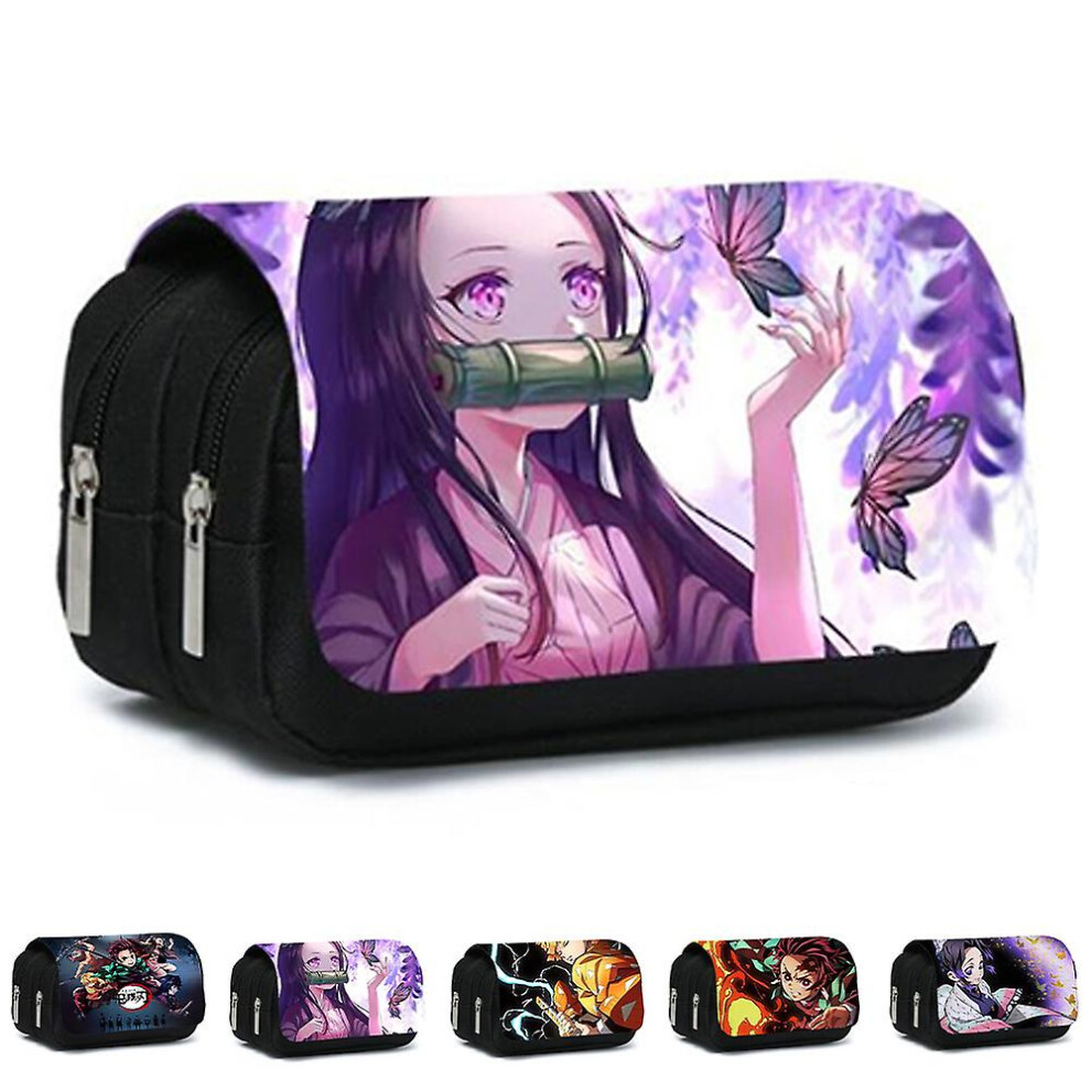 (E) Demon Slayer Pencil Case Large Capacity Stationery Case Student Pen Pouch Double Layers Stationery Organizer Kids Gifts