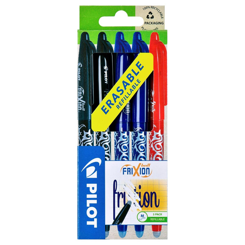 Pilot Frixion Erasable Rollerball 0.7 Mm (Pack Of 5) - 2 Black/2 Blue/1 Red