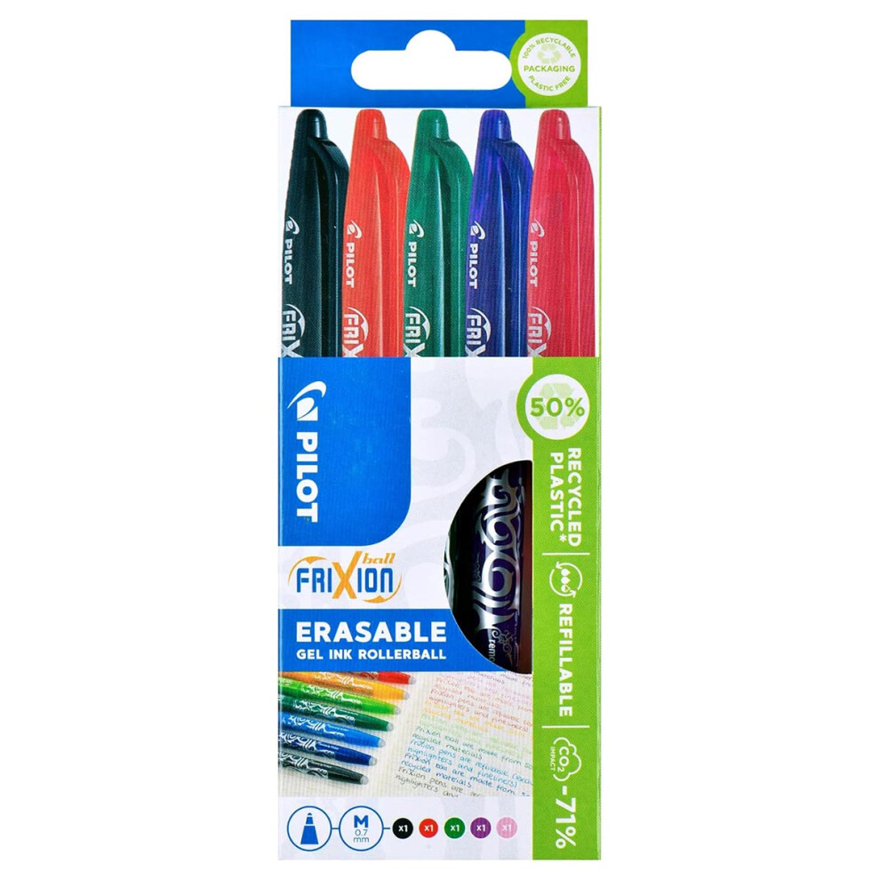 Pilot Frixion Erasable Rollerball, 0.7 mm - Black/Red/Green/Purple/Pink, Pack of 5