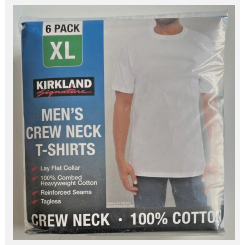 Kirkland Signature Men's Cotton Crewneck White T-Shirt 6 Pack X-Large