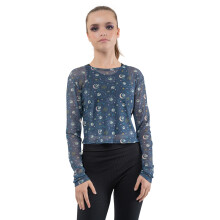 (XL, Navy) Nightmare Before Christmas Mesh Top Mystic Night Print Cropped Girls Womens