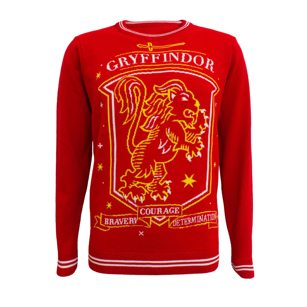 (S, Red) Harry Potter Christmas Jumper Gryffindor Crest Official Unisex Red Ugly Sweater