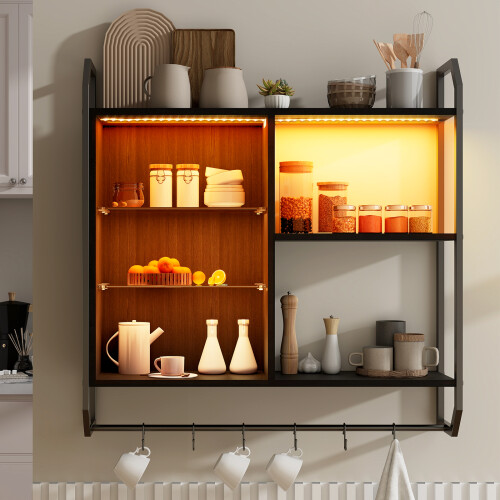 ELECWISH Wall Mounted Storage Cabinet Wood Floating Display Shelf Light 6 Hooks