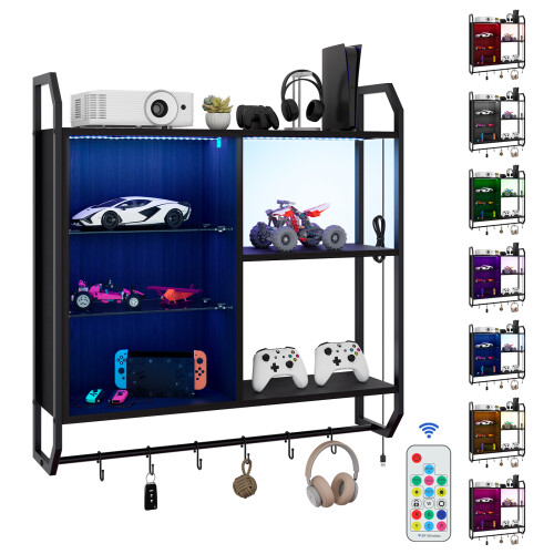 ELECWISH Wall Mounted Storage Cabinet Wood Floating Display Shelf Light 6 Hooks 1