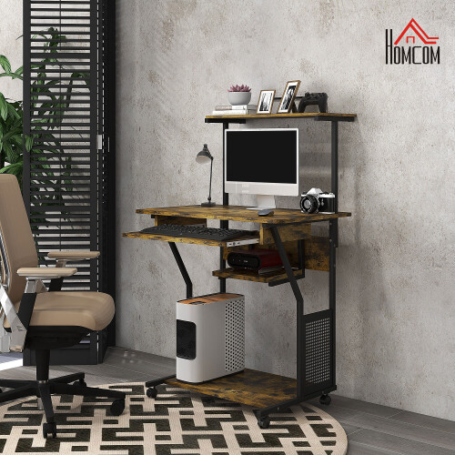 Homcom HOMCOM Rolling Computer Desk with Keyboard Tray Storage Shelves Rustic Brown 1