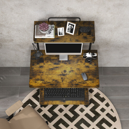 Homcom HOMCOM Rolling Computer Desk with Keyboard Tray Storage Shelves Rustic Brown 2