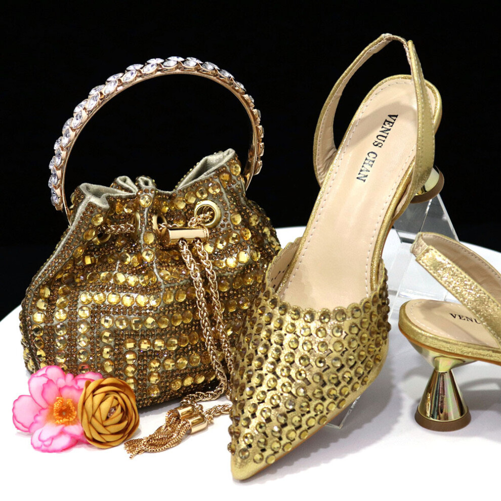 (Gold, 39) Italian Design Shoe And Bag Set In Attractive Matching Colours - High Quality Handmade Lady Shoes