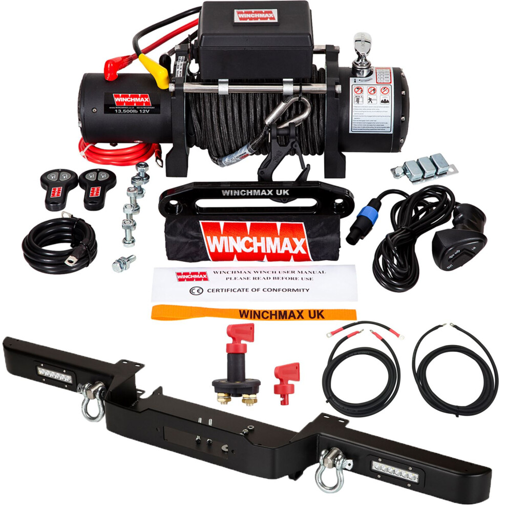 Winchmax 13,500Lb Military Grade 12V Winch. Defender Bumper, 25M Armourline Rope.