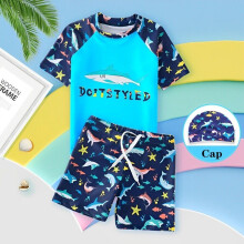 (Style 2, 7-8 Years) Boys Kids Two Piece Surf Sun Suit Swim Swimming Costume & Cap Beach Age 3-14 Yrs