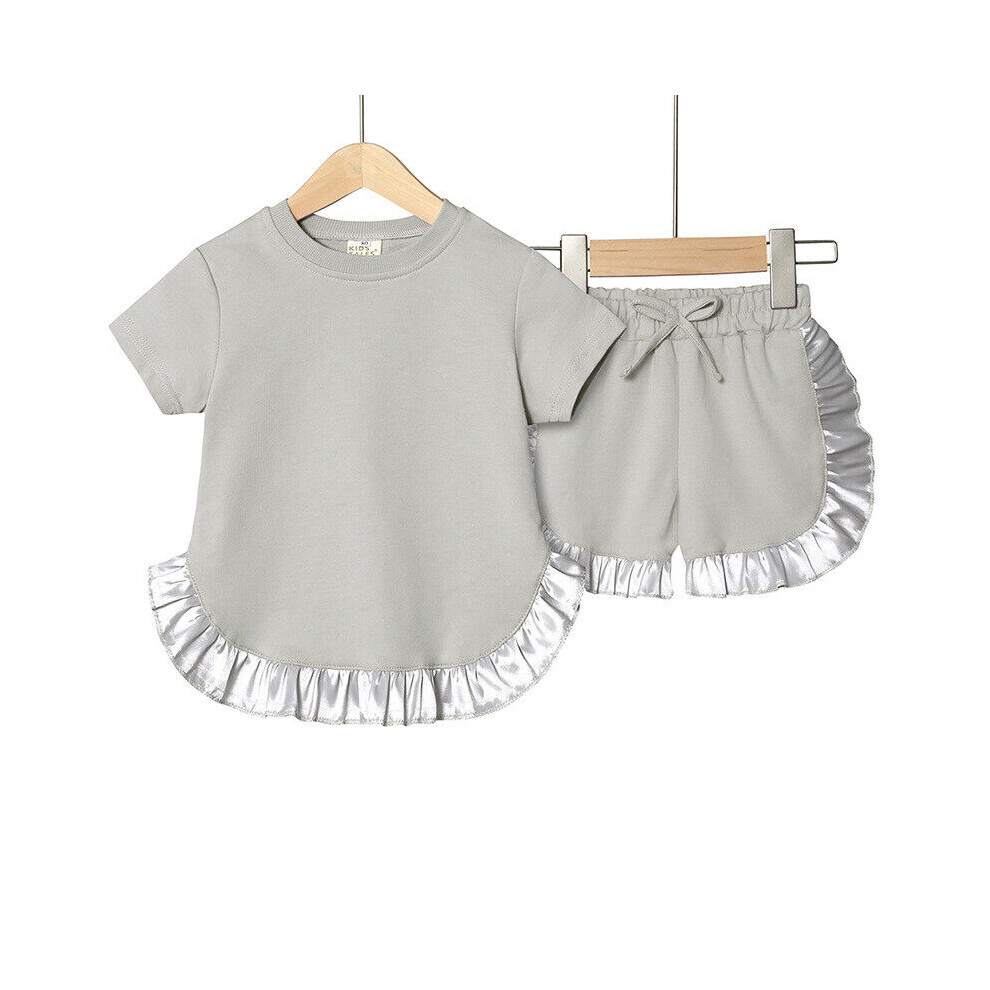 (Grey, 2-3 Years) Girls Summer 2pcs Set Cotton Short Sleeve Lace T shirt Shorts Age  2-7 Years-image-OPC-PDTFXT6-NEW