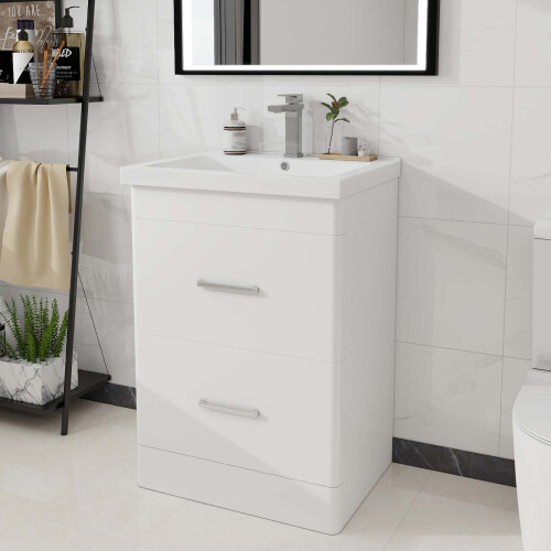 600mm Bathroom Vanity Unit & Basin Sink with 2 Drawers Gloss White 1