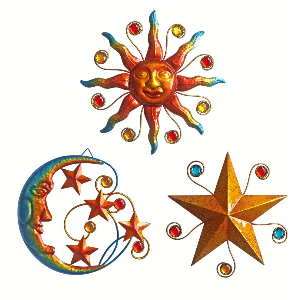 (Sun Moon Star, Metal) New 3pcs/set, Metal Sun Moon Star Wall Art Sculpture Decoration Celestial Wall Decoration Sculpture, Metal Wall Sculpture, Chri