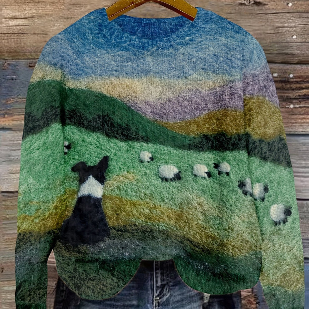 (Green, M(10)) Animal Pattern Crew Neck Sweater, Casual Long Sleeve Pullover Sweater For Spring & Fall