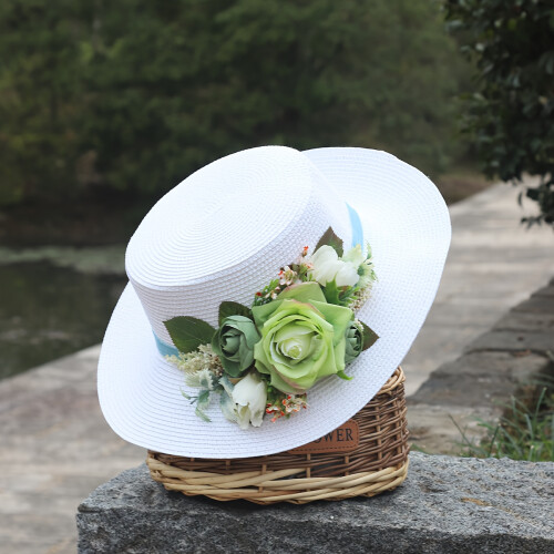 (White, One Size Fits All) Handmade Flower Straw Hat Solid Color Elegant Beach Sunscreen Hat