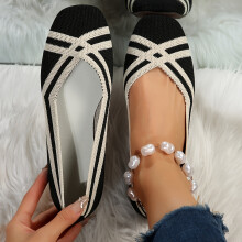 (Multicolor, 5) Women's Knit Flat Shoes, Comfy Square Toe Slip On Shoes, Breathable & Lightweight Flats