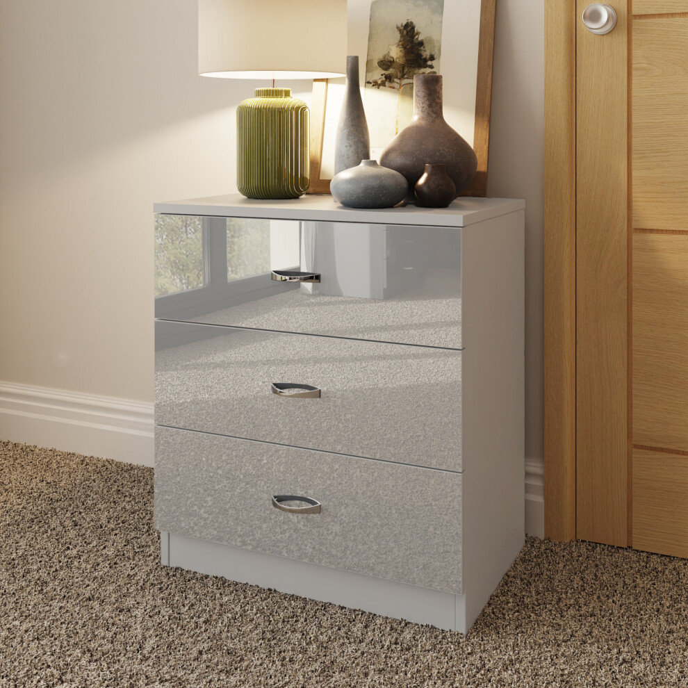 (Gloss Grey) 3 Drawer Bedside Table Nightstand High Gloss