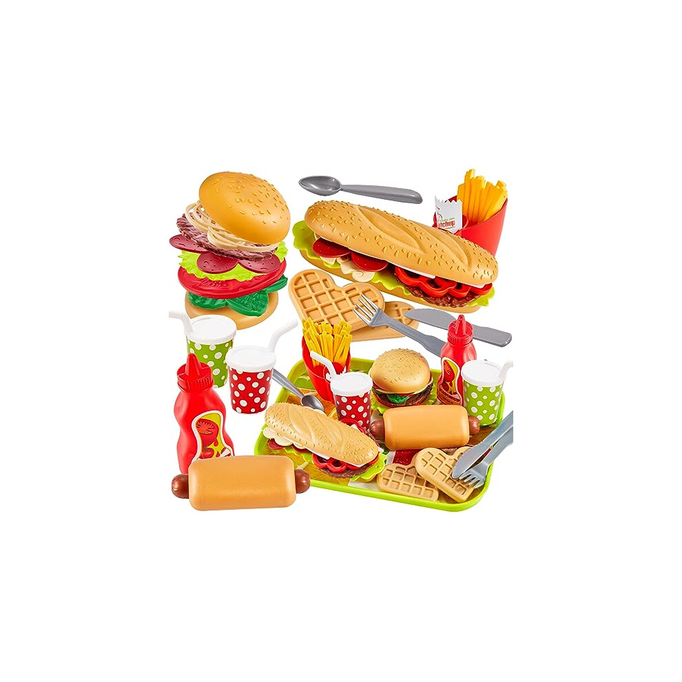 BUYGER Pretend Play Food Sets for Children Kitchen, Plastic Take Apart Toys Hamburger Fast Food Playset Kids Kitchen Accessories Role Play Toys for 3